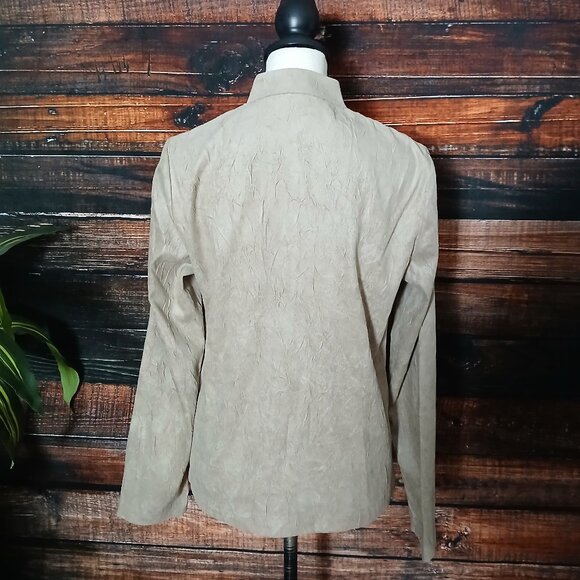 Orvis Jacket Blouse Top Size 6 Textured Crepe Beige Button Front Faux Suede - Picture 5 of 11
